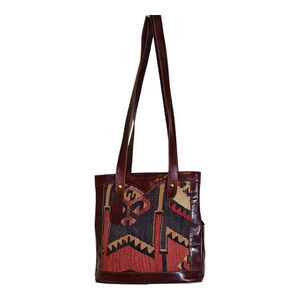 Olive Farm Tapestry Brown Leather Tote Bag Double Strap Zip Magnetic Closure